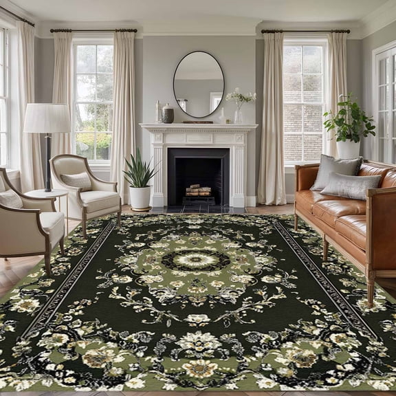 5x7 Area Rugs, Vintage Green Non-Skid Rubber Backing Large Rectangle Rugs - Living Room Bedroom Home Office, Southwestern Geometric Abstract Art Indoor Floor Mat Carpets Washable Rug