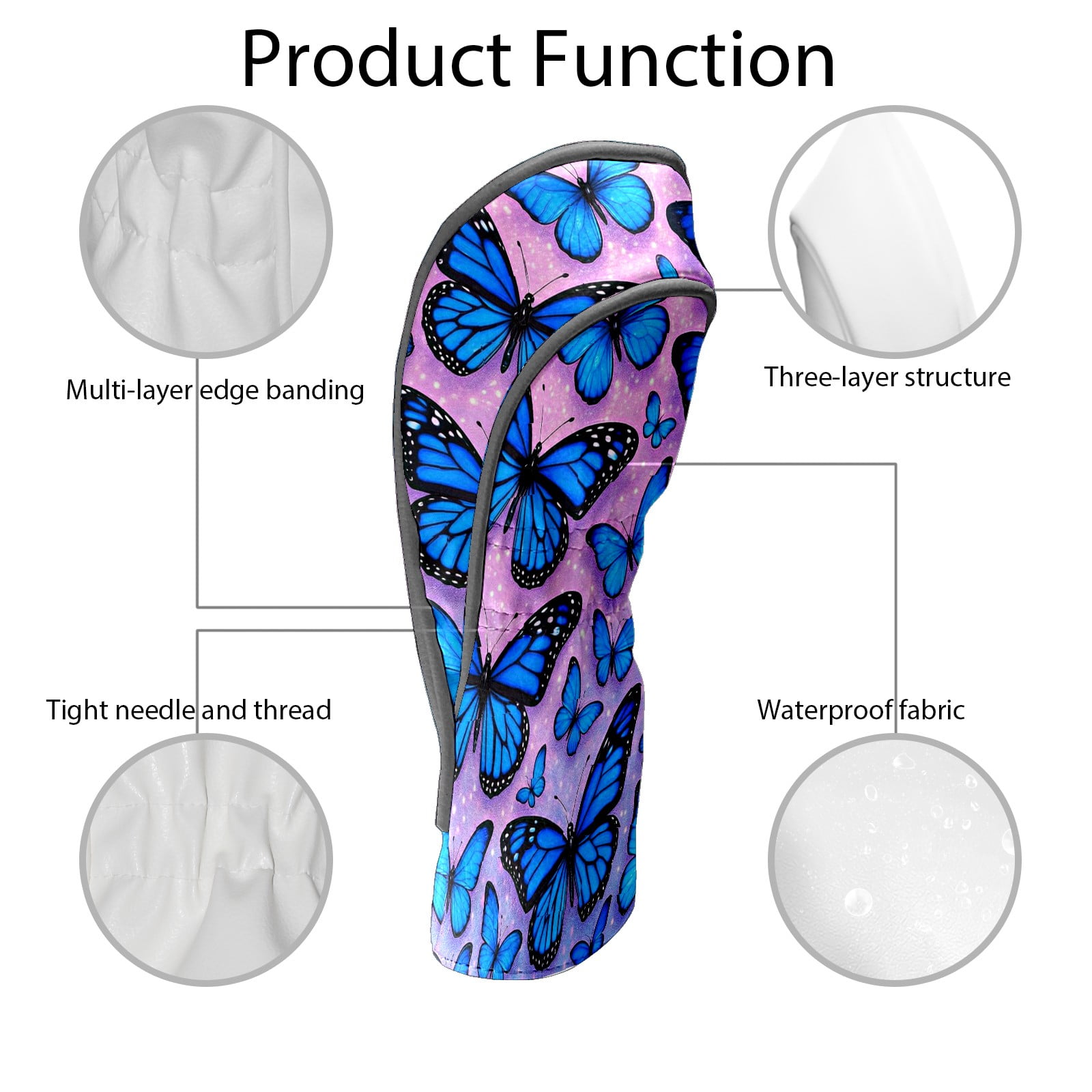 Golf Club Head Covers - Blue Butterflies Design, Premium PU Leather Driver Hybrid Headcovers with Velvet Lining, Waterproof Golf Gifts for Men Women