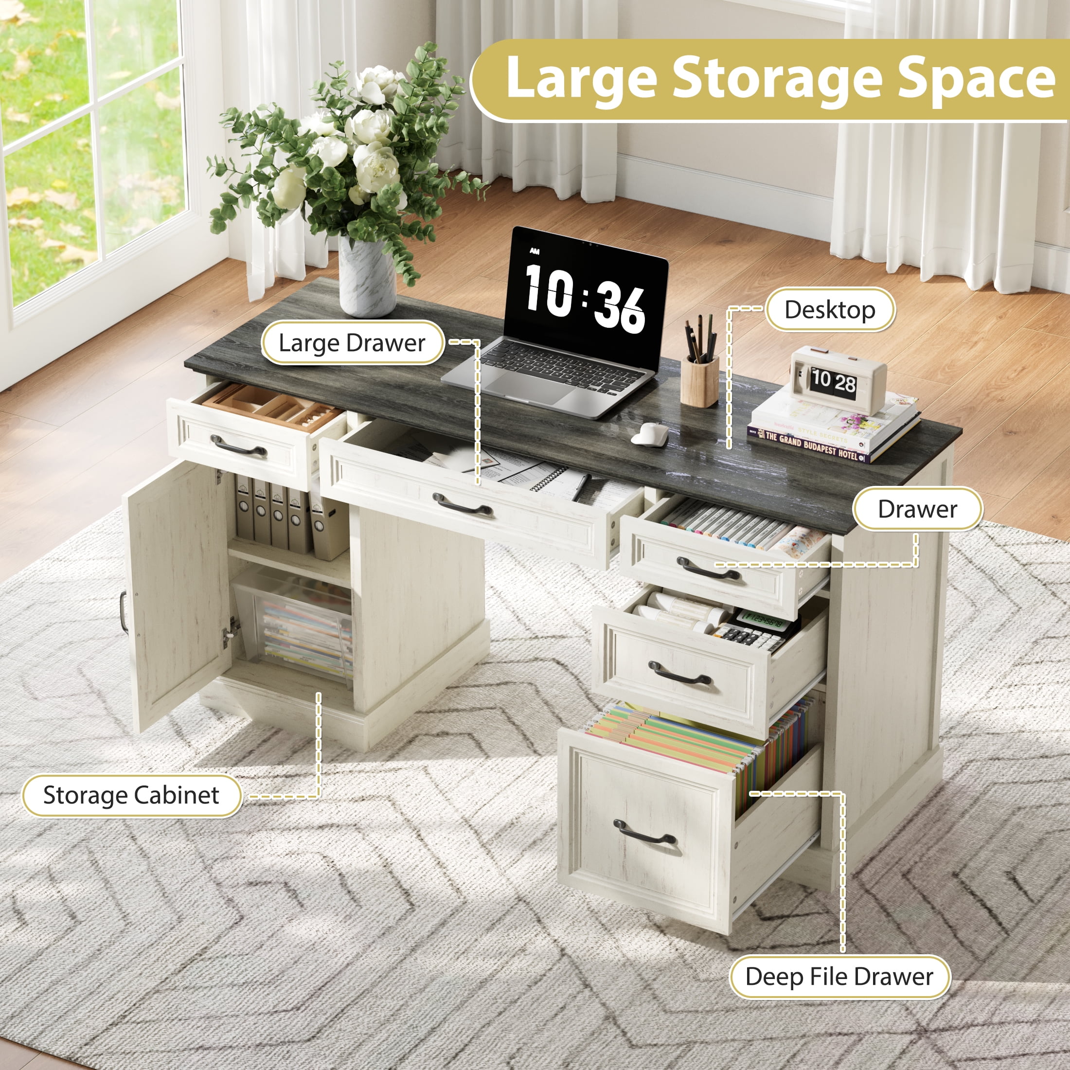 YouTrend 58'' Farmhouse Executive Desk,Wood Home Office Computer Desk with 5 Drawers and Storage Cabinet for Work Study Writing,White
