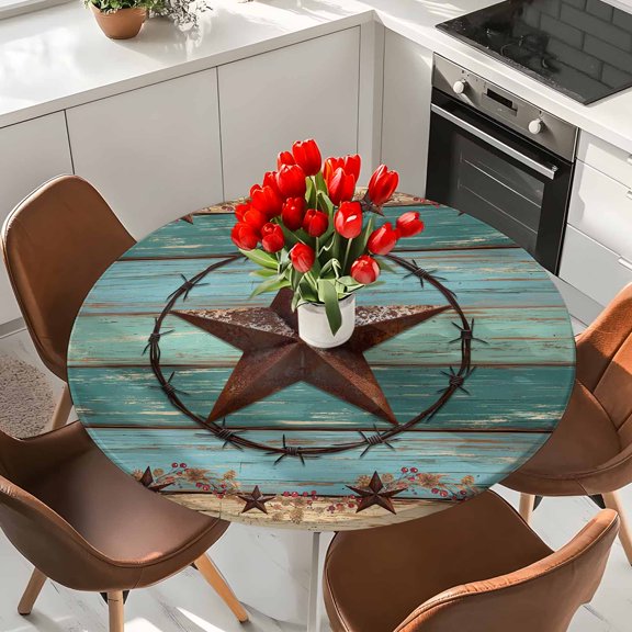 Vintage Texas Star Elastic Fitted Round Tablecloth Farmhouse Blue Wooden Texture Waterproof Outdoor Table Cover for Holiday Party, Picnic, Patio & Dining Fits Tables Up to 45"-54"