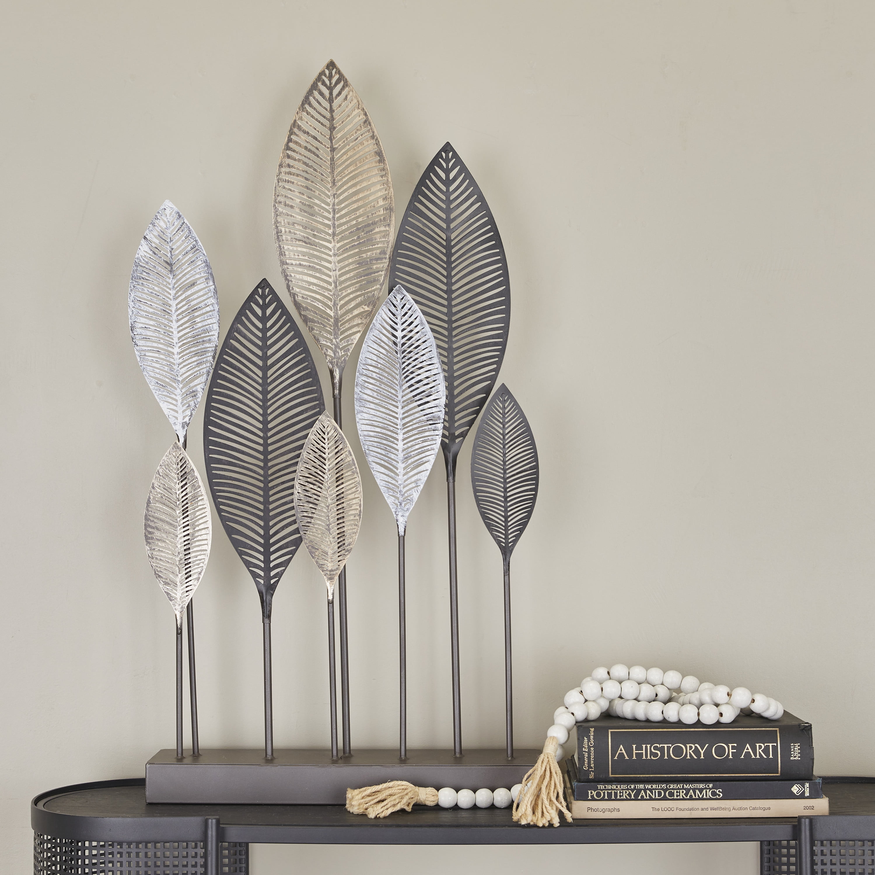 20" x 38" Bronze Metal Leaf Sculpture with Black Base, by DecMode