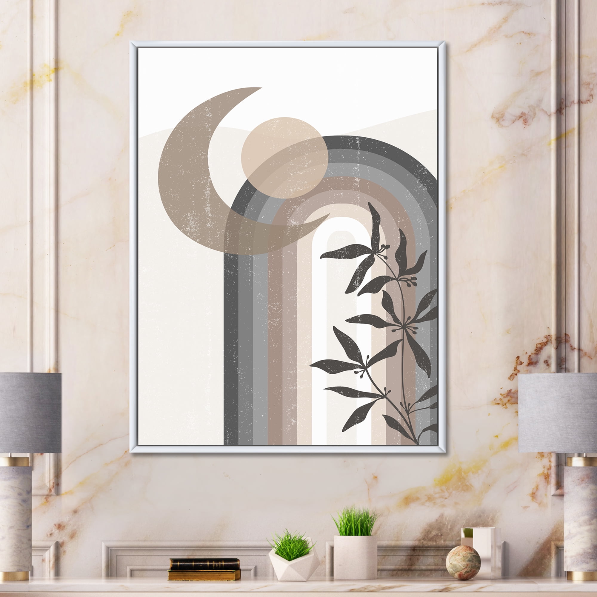 Designart 'Abstract Moon and Sun In Gray and Blue' Modern Framed Canvas Wall Art Print