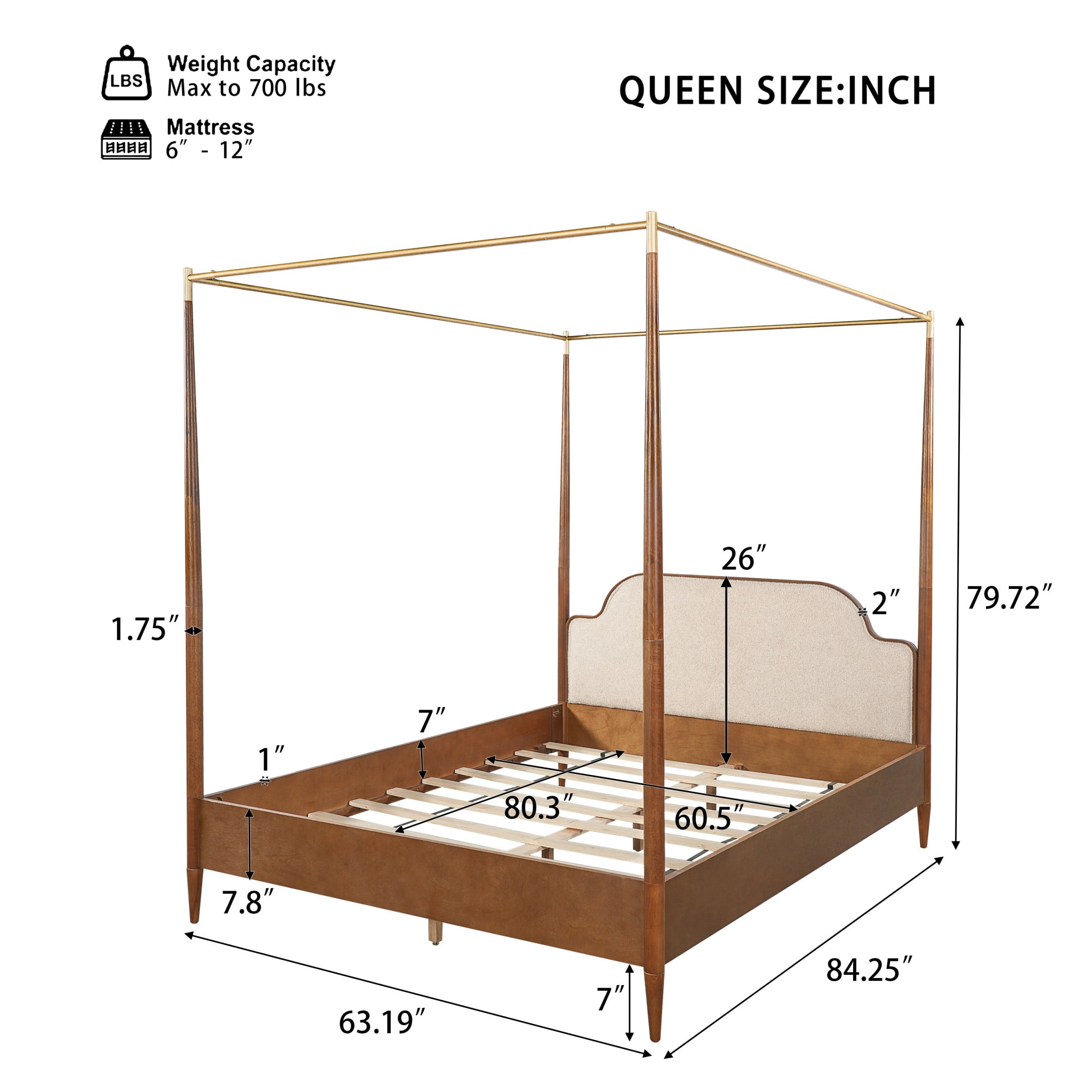 Christopher Knight Home Queen Canopy Bed Frame with Fleece Upholstered, Wood Frame, Brown+Off White