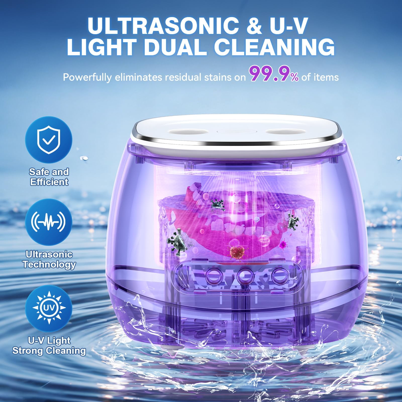Ultrasonic Retainer Cleaner, 45kHz Digital Timer Dental Cleaning Machine for Denture, Mouth Guard, Aligner, Braces, Toothbrush Heads