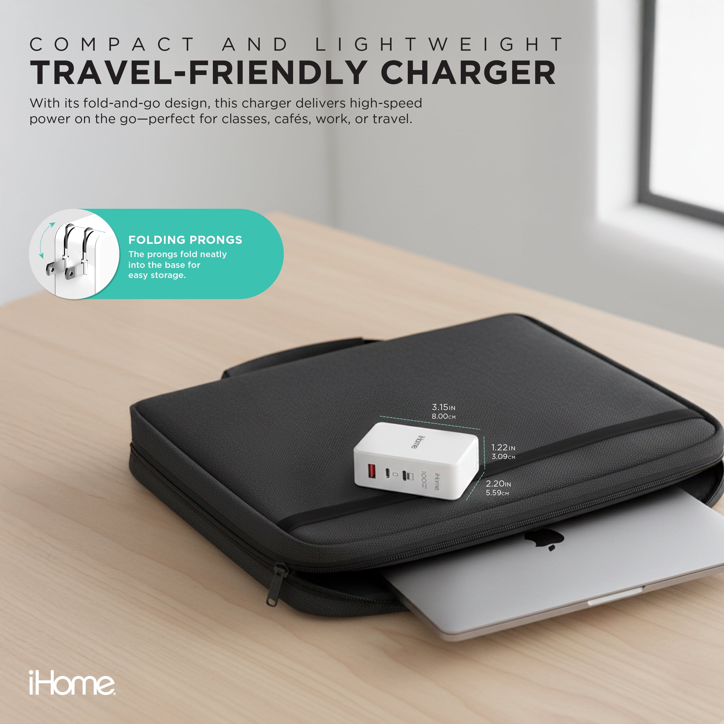 iHome 100W GaN Wall Charger with USB-C Cable, Fast Charging, Powers Up to 3 Devices, White