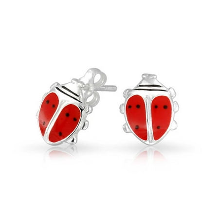 Childrens Sterling Silver Birthstone Earrings - Childrens Sterling Silver Red Enamel Ladybug Earrings 9mm
