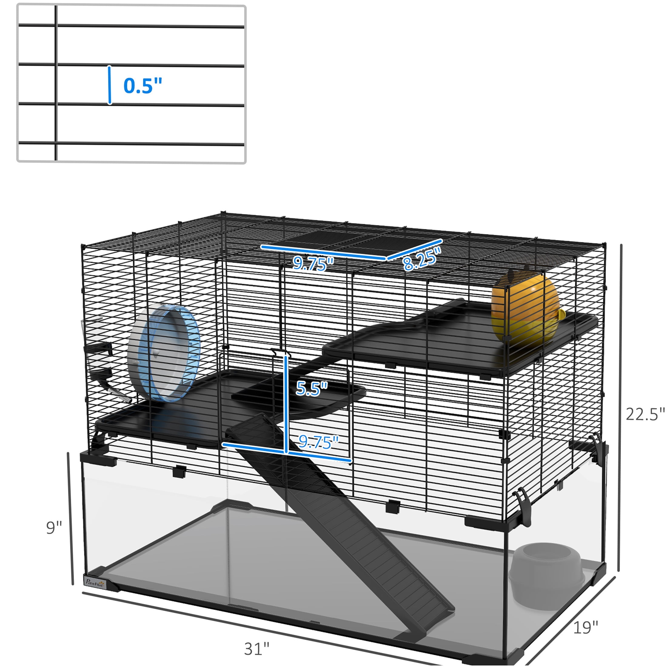 JERFIT 3-Tier Hamster Cage with Glass Base, Detachable Wheel, Water Bottle & Food Dish for Dwarf Hamsters, Gerbils, Mice - Black