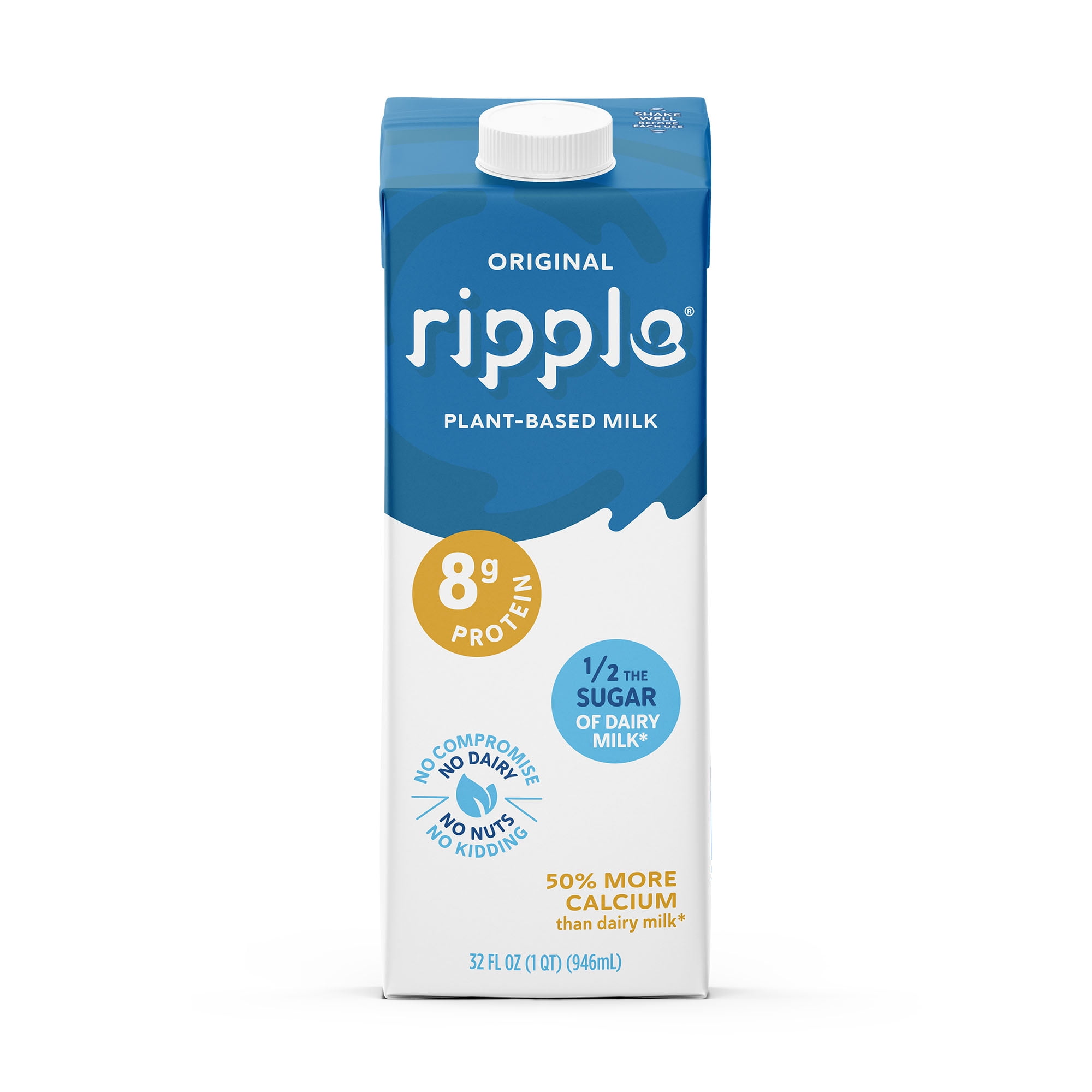 Ripple Original Non-Dairy Milk, Plant-Based, Shelf Stable, 32 oz, Pack of 6
