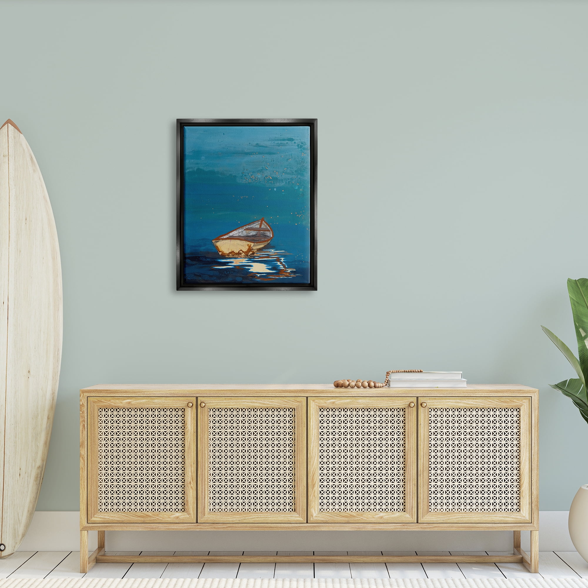 Stupell Industries Single Boat Ocean Surface Layered Marine Collage Painting Jet Black Floating Framed Canvas Print Wall Art, Design by Stacy Gresell