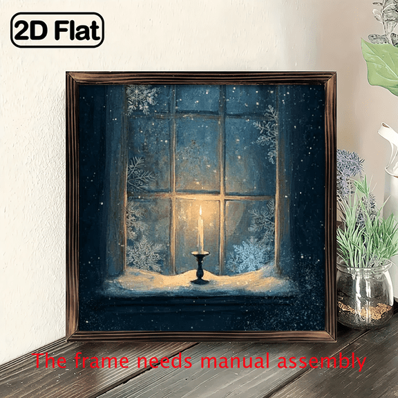 2D Flat, 1pc Vintage Snowy Window Christmas Wall Art Sign - 8x8 Inch Rustic Wood Framed Candle-Style Painting with Winter Night Scene, Wood Frame for Farmhouse, Bedroom, Bathroom Decor - Easy-Hang
