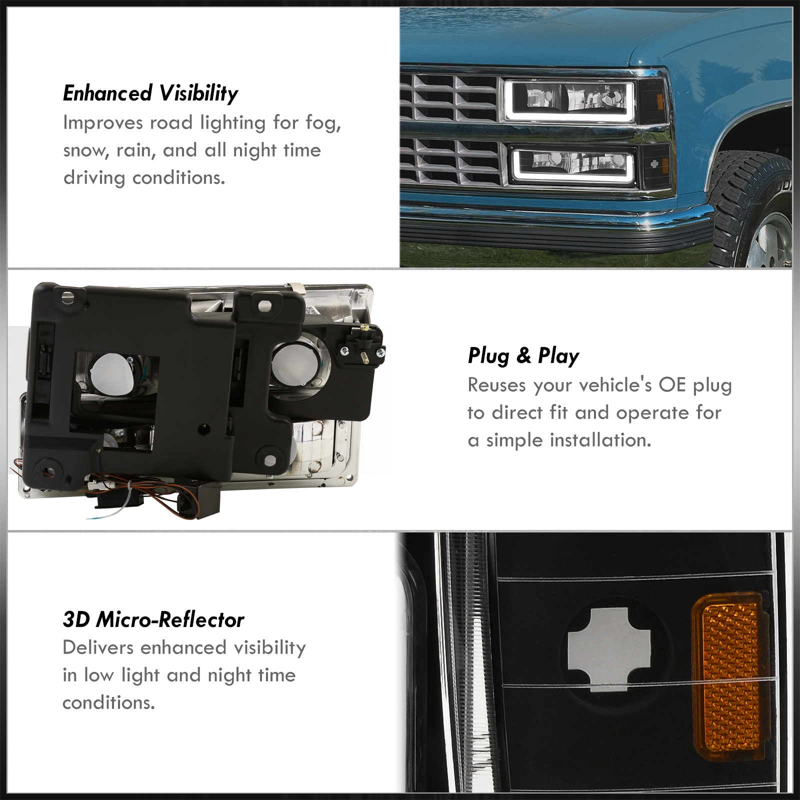AJP Distributors Black Amber LED DRL Head Lights + Corner Bumper Lamps Compatible/Replacement For Chevy C10 C/K 1500 2500 3500 Blazer Silverado Suburban 1988 1989 1990 1991 1992 1993 88 89 90 91 92 93