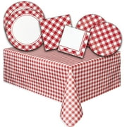 Red Gingham Party Supplies for 16 Red Checkered Plates Napkins Table Cloth Party Tableware for Picnic Backyard Barbeque 65 PC.  Set by Card & Party Giant