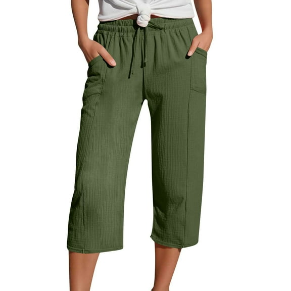 Mohiass Women's Capris Drawstring Summer Linen Capri Pants for Women Cotton Linen High Waisted Wide Leg Women's Capri Pants with Pockets Army Green L