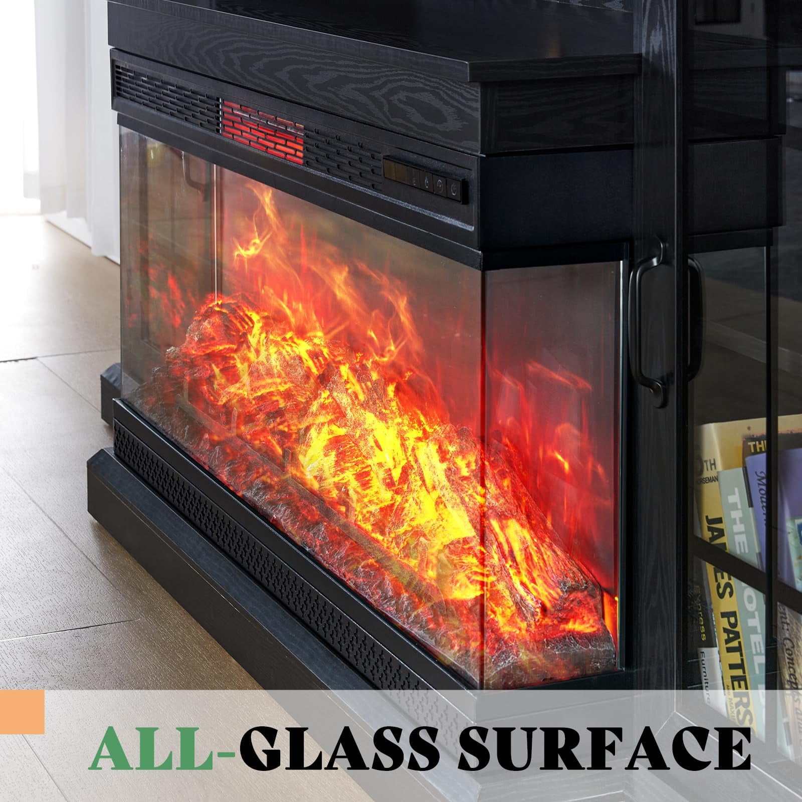 VANACC 75in 3-Sided Glass Fireplace TV Stand for TVs up to 85", Black