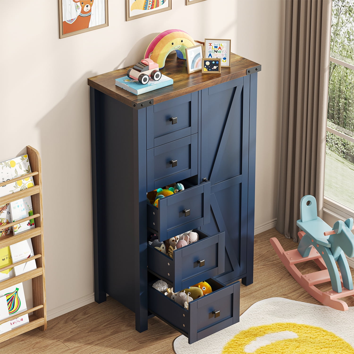 Winkalon 5 Drawers Dresser Chests for Home Bedroom, Farmhouse Wood Rustic Tall Chest of Drawers, Pull Storage Cabinet,Blue