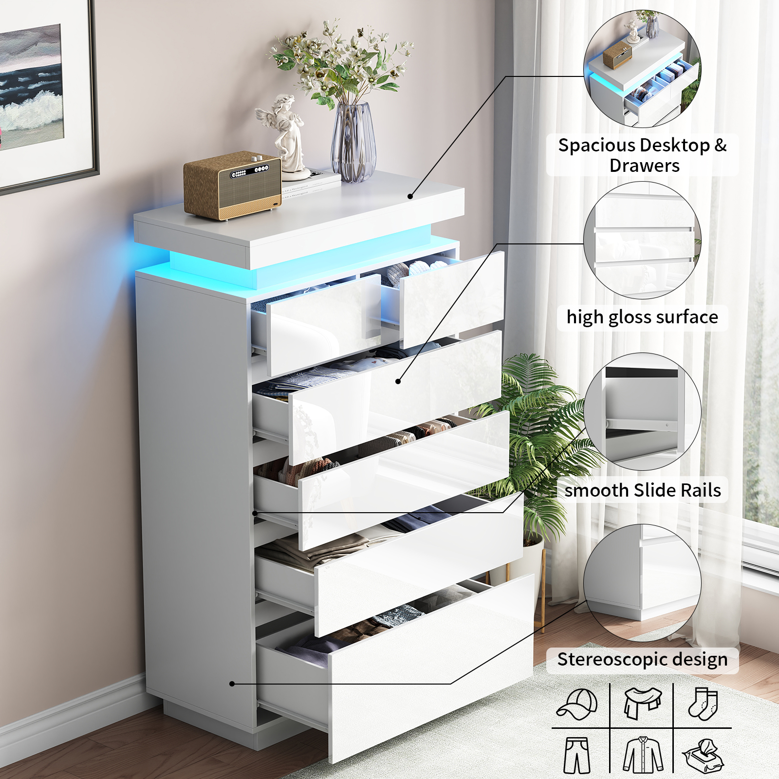 6 Drawers Dresser, Modern Tall Dresser for Closet with Adjustable LED Lights, High Gloss Chests of Drawers, Wood Storage Cabinet for Bedroom, Entryway, Living Room, Dressing Room, White