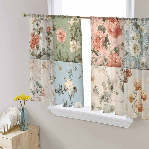 Spring Floral Sheer Curtains 54 Inches Length 2 Panels Set, Window Sheer Curtains for Living Room/Bedroom, Elegant Checkered Summer Botanical Farmhouse Light Filter Rod Pocket Curtain 52'' x 54'' x 2