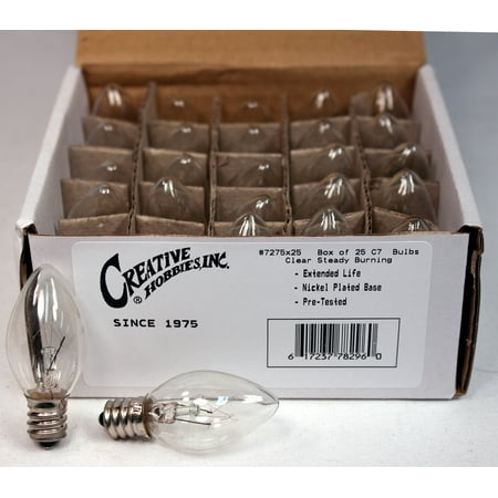 - Creative Hobbies 3228x25 (25 pack) - 7C7/CL, 7 Watt, C7 Night Light, Longer Life 130 Volt, Clear, E12 Candelabra Base, Incandescent Light Bulb, 25 Pack