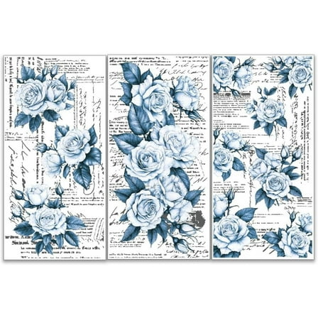 3pcs/Set Blue Rose Rub on Transfers for Furniture and Crafts 6x12 inch Vintage Floral Furniture Transfer Sticker Furniture Decals Decor Transfer Stickers Rub on Decals for Furniture