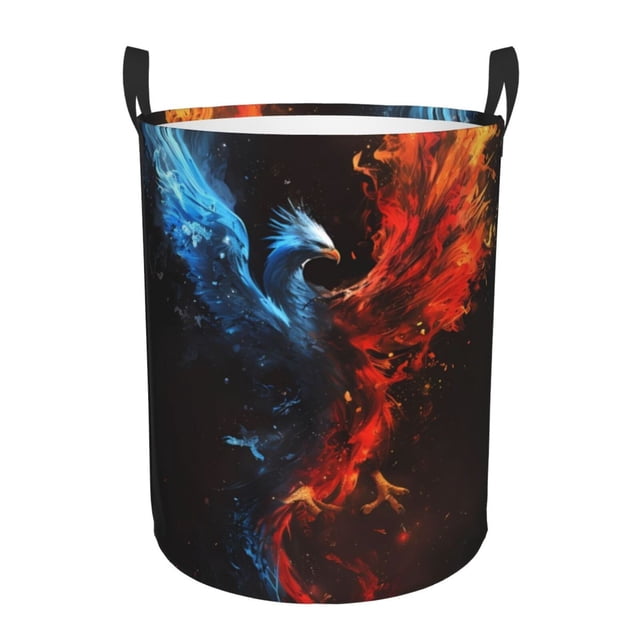 Balery Red And Blue Fire Bird Cesta de ropa redonda con asas, impermeable, independiente, para ropa, juguetes, dormitorio y familia-Medium