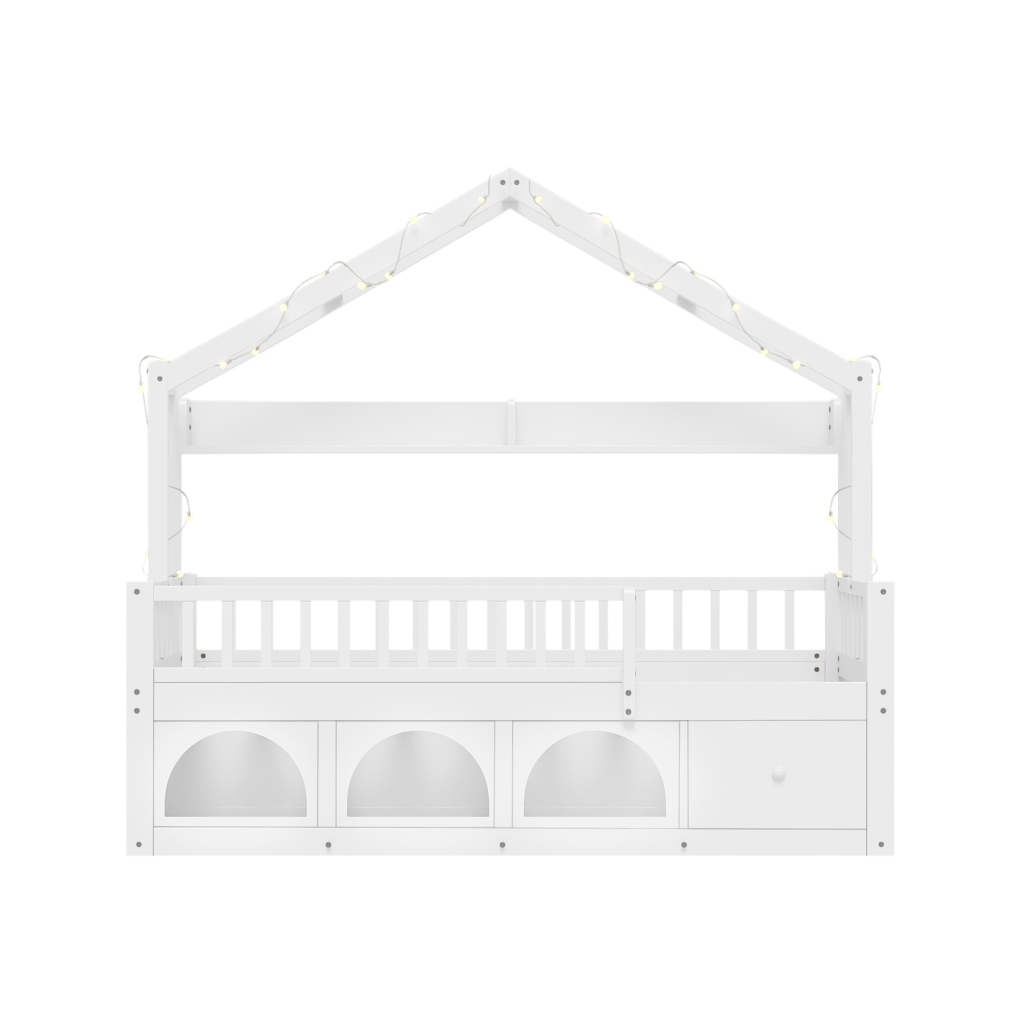 Mintazer Twin Montessori Floor Bed with LED Lights & Bookshelf, Kids House Floor Bed with 3 Arched Cubbies & Drawer and Guardrail for Boys Girls Bedroom Playroom, White
