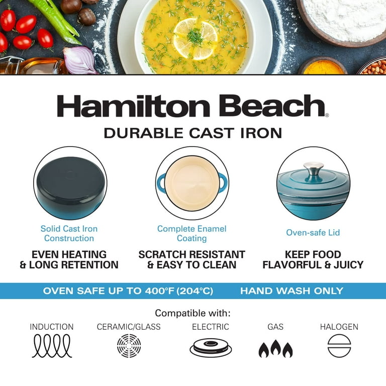 Hamilton Beach Enameled Cast Iron Dutch Oven 5.5-Quart White, Cream Enamel Dutch  Oven Pot with Lid, Cast Iron Dutch Oven with Even Heat Distribution, Safe  Up to 400 Degrees, Durable, Dishwasher Safe 