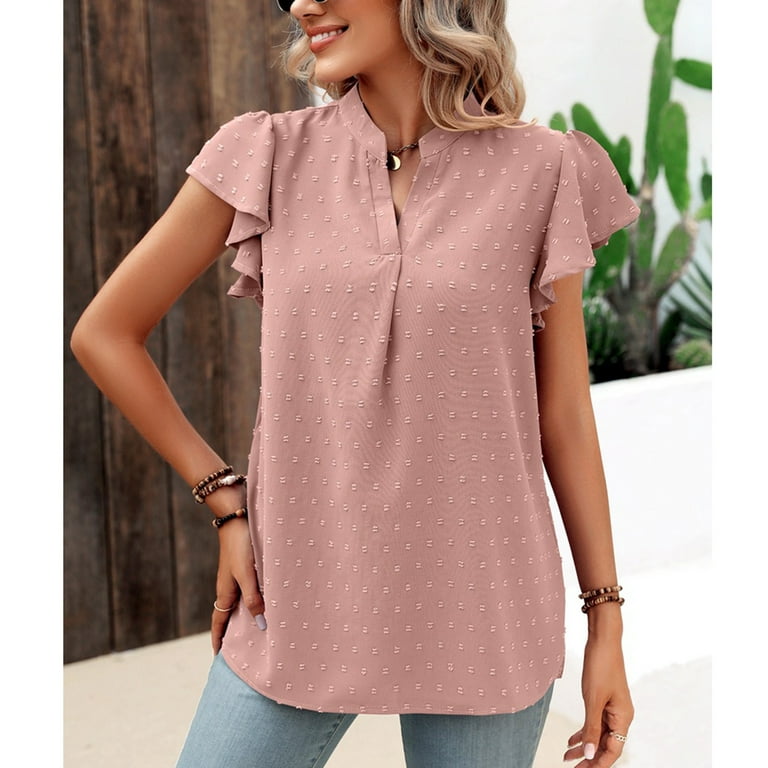 Fashion Women's Summer V-Neck Solid Short Sleeve Top Blouse Comfort Colors  Tshirt ,Pink,L