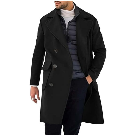 Men's Double Breasted Hooded Lapel Overcoat, Long Sleeve Wool Blend Coat with Pockets for Winter and Spring, Regular Length Casual Jacket