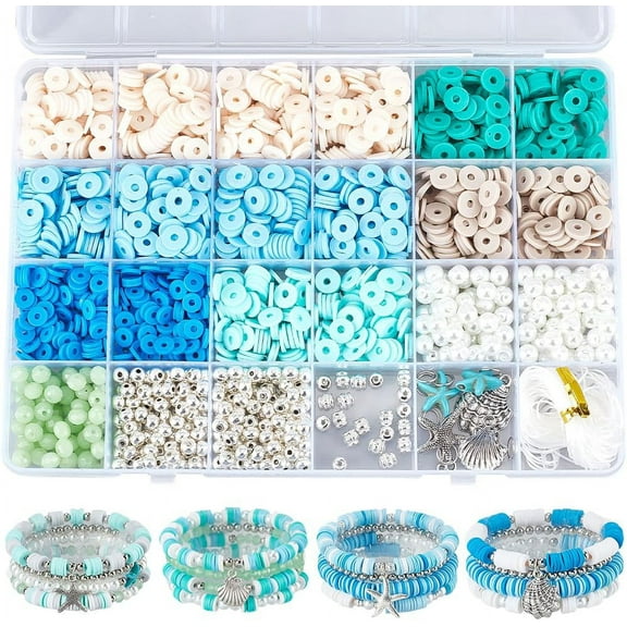 1 Box 1716Pcs DIY 4 Sets Ocean Theme Bracelet Making Kit White Blue Polymer Clay Beads Bulk Charms Glass Pearl Beads for Jewelry Making Kits Women Turquoise DIY