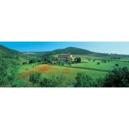 High angle view of a church on a field Abbazia Di Santantimo Montalcino Tuscany Italy Canvas Art - Panoramic Images (18 x