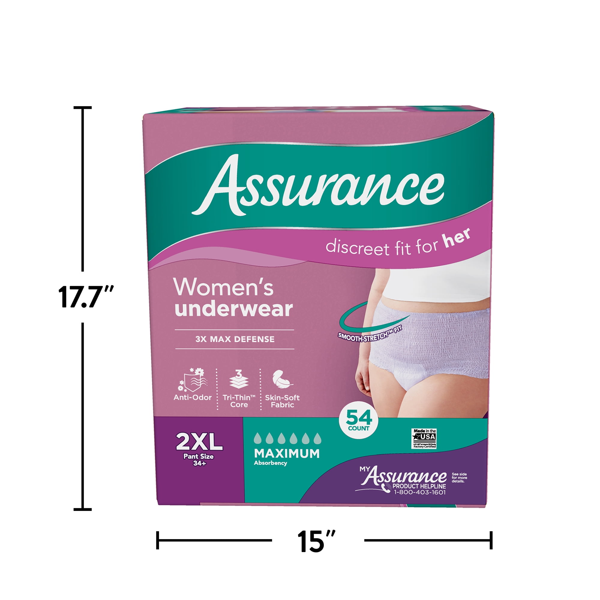 32 Count 2x16 Assurance Women Incontinence Overnight Underwear Max
