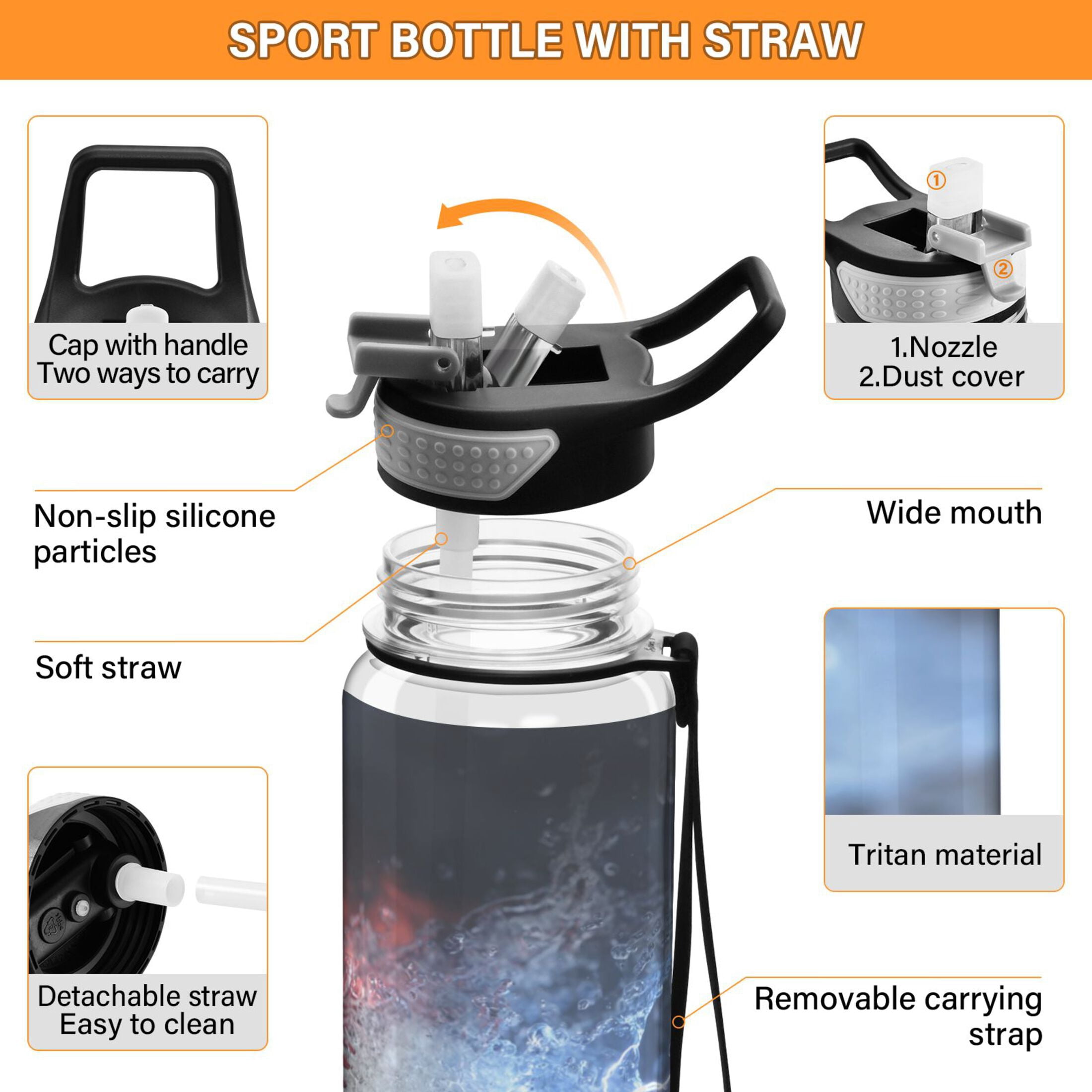 32oz Transparent Sports Water Bottle with Straw for Kids Adults Outdoor School Gym Fitness Baseball with Water and Fire