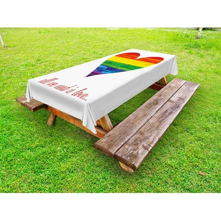 Pride Outdoor Tablecloth, Romantic All We Need Is Love Famous Quote with Heart Shape in the Gay Parade Colors, Decorative Washable Fabric Picnic Table Cloth, 58 X 84 Inches,Multicolor, by