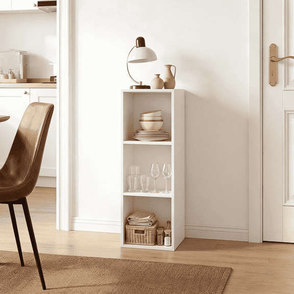Mifurn 3 Cube Storage Organizer, White 3-Tier Bookshelf with Closed Back Panel, Wooden Bookcase for Living Room Bedroom Office