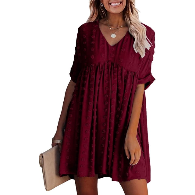 Vestido corto holgado de verano con mangas cortas y escote en V sexy para mujer, vestido informal con lunares suizos, vestido de talla grande
