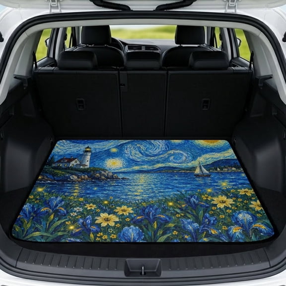 Xixirimido Universal Car Trunk Mat, All Weather Trunk Protection Cargo Liner Stylish Auto Interior Accessories Durable Cargo Mat 29" x 39", Starry Night Lighthouse Seascape Floral