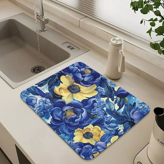 Blue and Yellow Flowers Dish Drying Mat for Kitchen Counter Absorbent Drainer Mats (15.7X11.8inch)