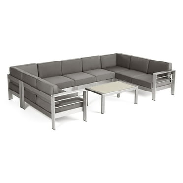 Gannon Outdoor 8 Piece Aluminum Sectional Sofa Set with Coffee Table, Silver, Khaki