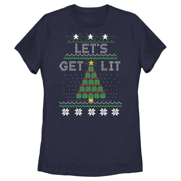 Women's Lost Gods Christmas Let's Get Lit Tree  Graphic Tee Navy Blue Small
