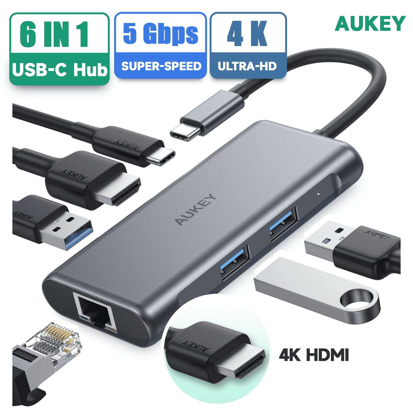 Rasende talentfulde Umeki AUKEY USB C Hub Adapter, 6-in-1 Type C Docking Station with Ethernet Port  and 4K HDMI, Black-C75 - Walmart.com