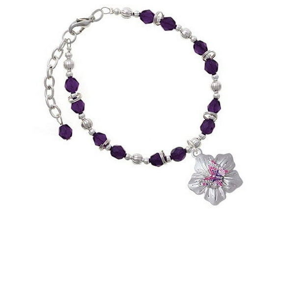 Silvertone Pink & Purple Butterfly on Large Flower Purple Beaded Bracelet