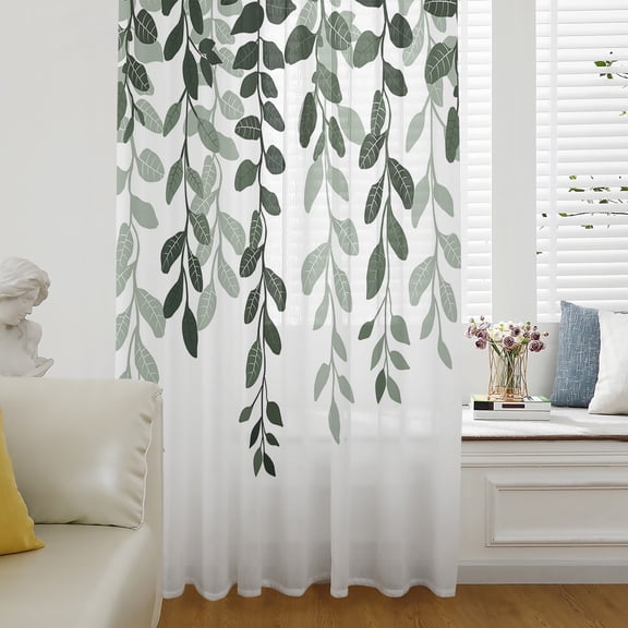 Turquoise Ombre Botanical Semi Sheer Curtains Drapes for Living Room, Bedroom, French Doors Window 72 Inches Long, Watercolor Pastoral Leaf Rod Pocket Chiffon Curtain Drapery Voile Draperies Panel