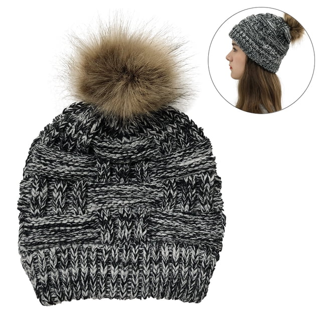 Sombrero de San Valentín para mujer, gorro grueso de lana de punto cálido con botón de agujero de cola de caballo, mezclas de gorro para soporte de máscaras MFZFUKR 221845-2