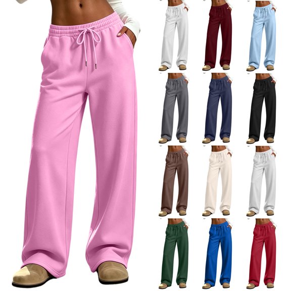 Women Fleece Lined Wide Leg Sweatpants Sevevn Elastic Drawstring High Waist Relaxed Fit Trousers With Side Pockets,For Home Relaxation Outdoor Strolls And Casual Street Wear