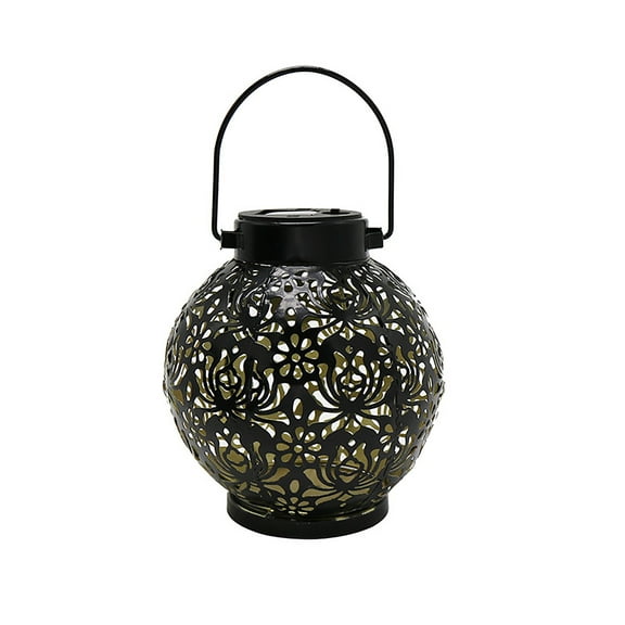 Solar Garden Hanging Lantern Hollowed-Out Metal Outdoor Decorative Light Black Retro Round LED Lanterns for Yard Lawn Porch Patio Decor, IP65 Waterproof