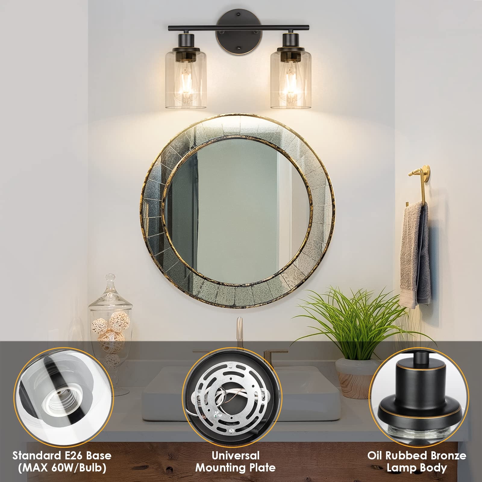 Bathroom Light Fixtures  2-light Oil Rubbed Bronze Vanity Vintage Wall Sconces Lighting Modern Bath Mounted With Glass Shade Porch Lamp For Mirror Living Room