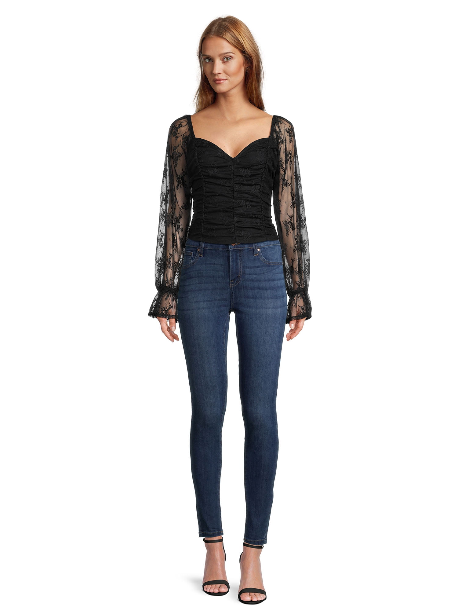 Self Esteem Juniors Shirred Bodice Crop Top with Blouson Sleeves