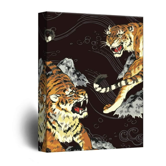 wall26 - Canvas Wall Art - Drawing of Two Angry Tigers on Black Background - Giclee Print Gallery Wrap Modern Home Art Ready to Hang - 12x18 inches
