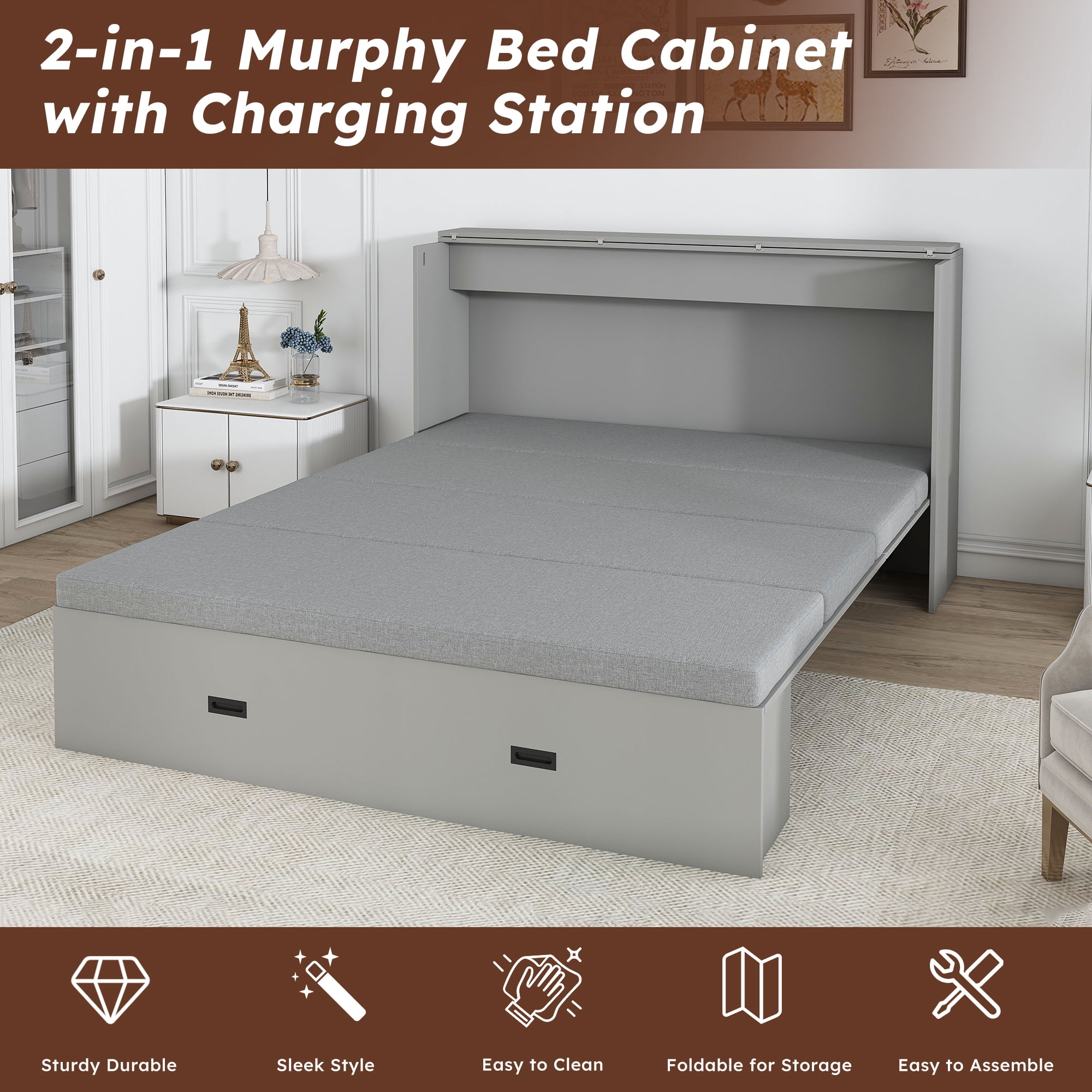 Mintazer Full Murphy Bed with 2.8" Mattress & Charging Station, Foldable Cabinet Bed with Storage Drawers for Bedroom Guest Room&nbsp;Living Room, Gray