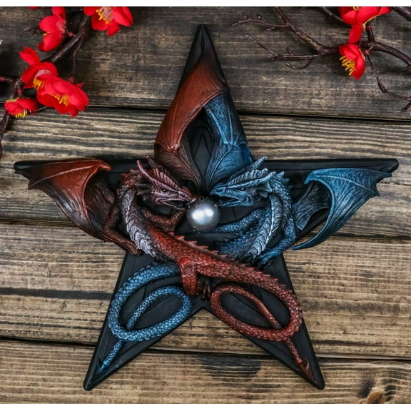 Medieval Pentagram Star Red Fire And Blue Water Elemental Dragons Wall Decor
